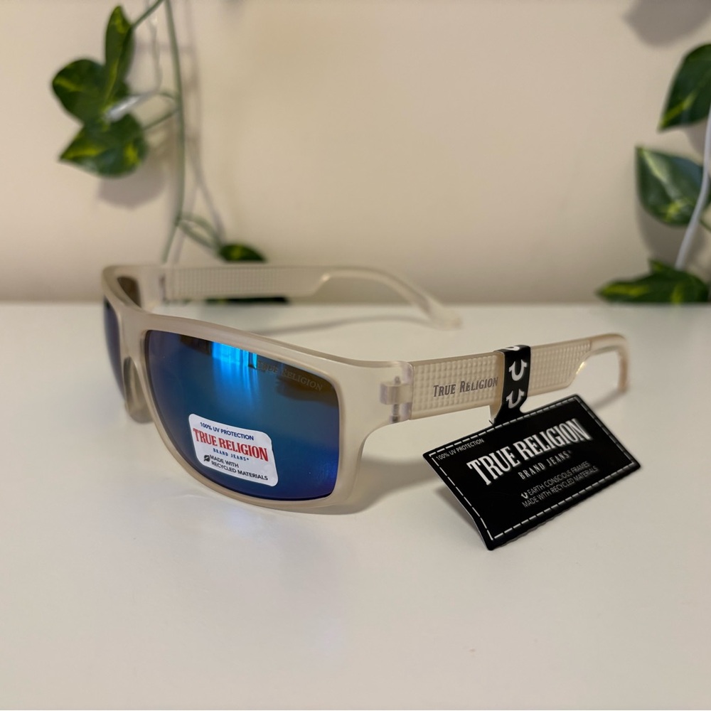 True Religion Beige Frame Sunglasses with Blue Mirrored Lenses